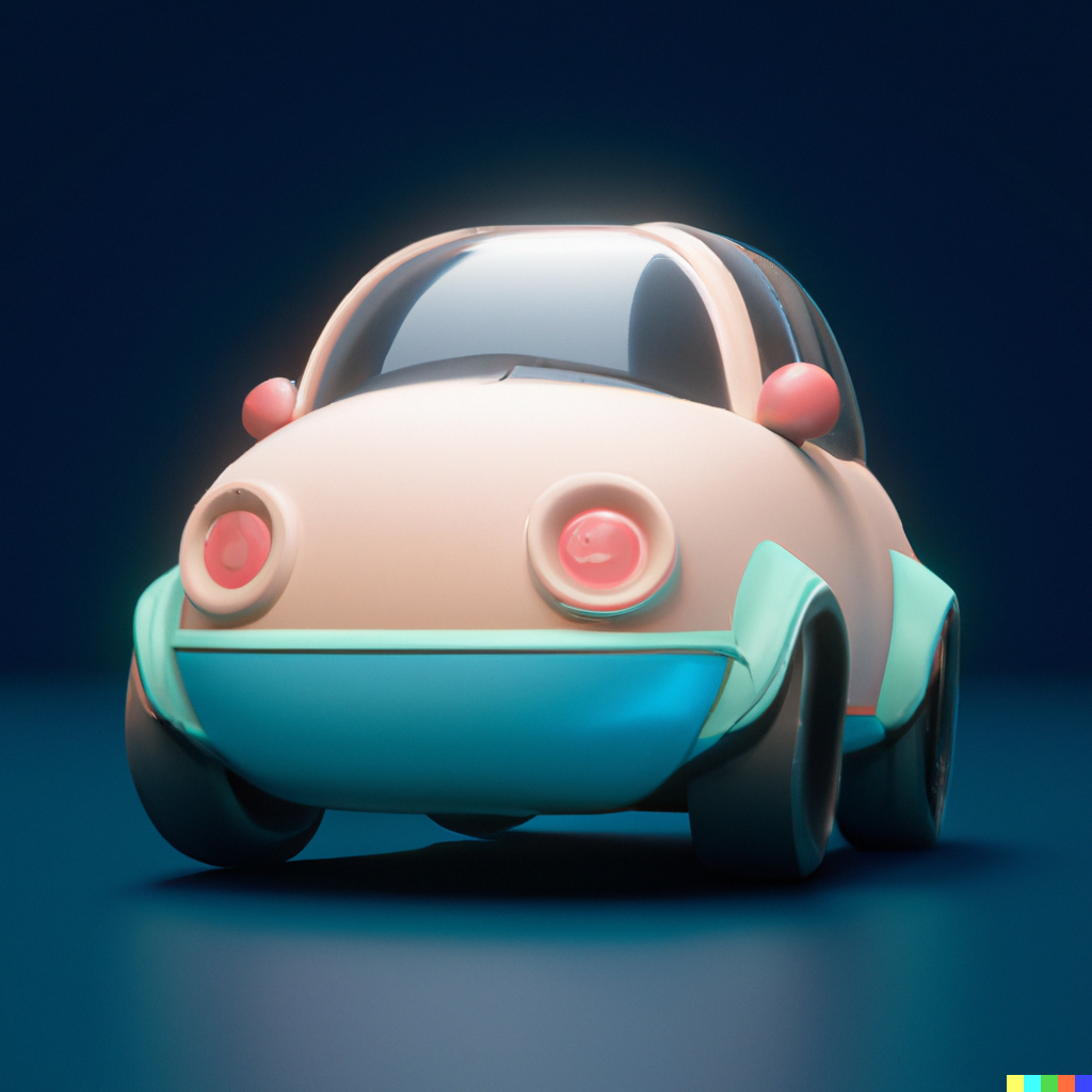 DALL·E 2023-01-18 12.51.24 - 3D render of a cute car on a dark blue background, digital art